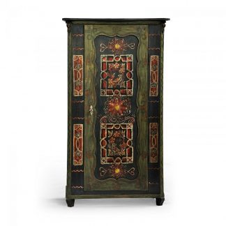 Jednodveřová malovaná selská skříň z počátku 20.století, opravená pomocí klasických technologií.