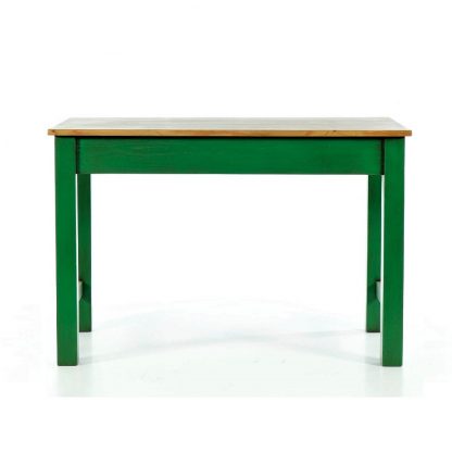 Zelený stůl s mořenou deskou z masivního smrkového dřeva