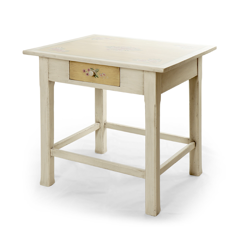 Bílý patinovaný stolek s malovanou deskou z masivu