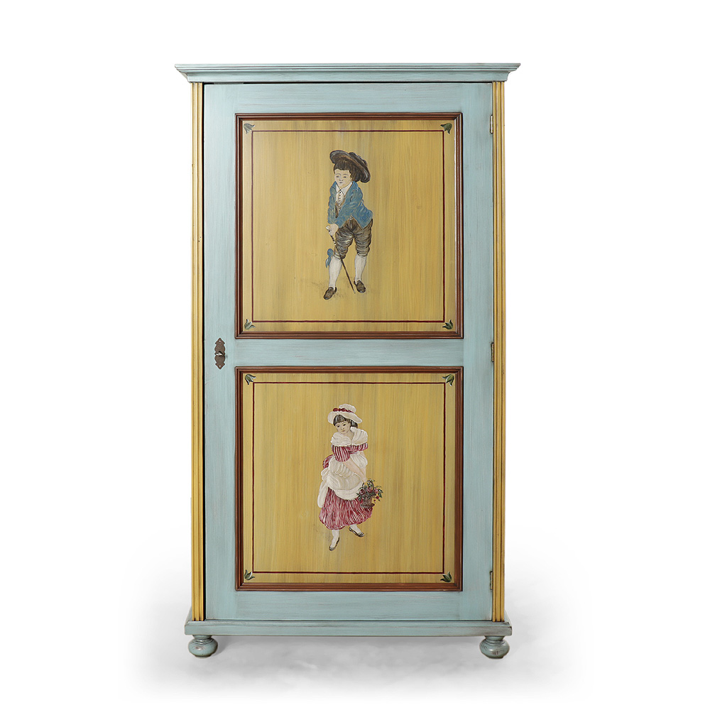 Jednodveřová skříň s malovanými postavami selky a sedláka