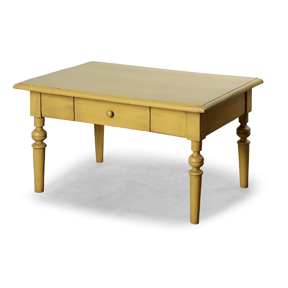 Žlutý repasovaný kávový - konferenční stolek se zásuvkou