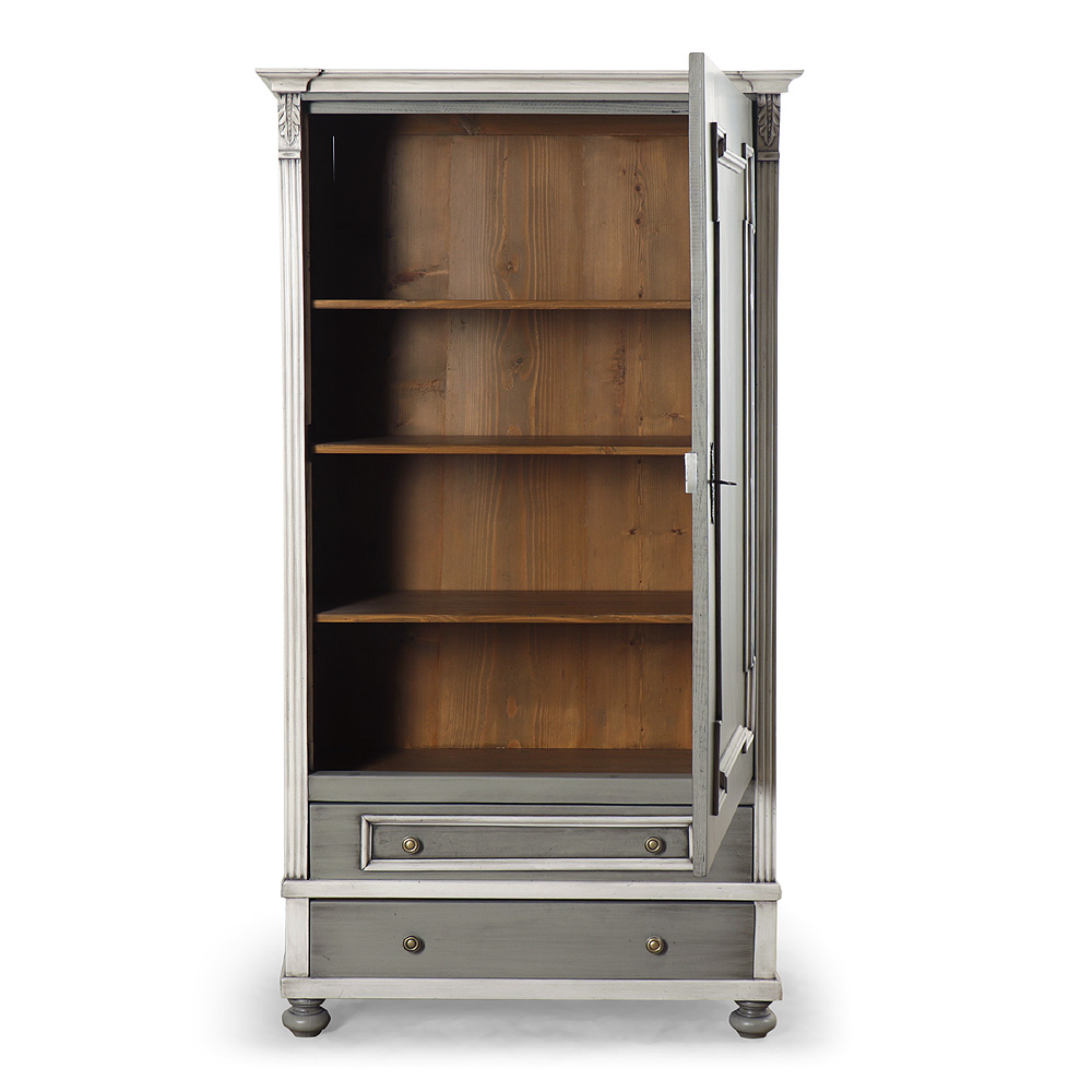 IDZ364b Šedá repasovaná jednodveřová skříň s policemi a zásuvkami Šedá repasovaná jednodveřová skříň s policemi a zásuvkami