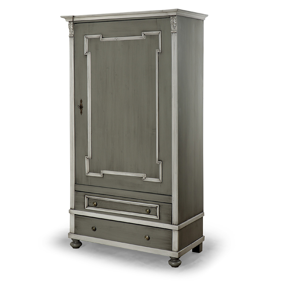 IDZ364c Šedá repasovaná jednodveřová skříň s policemi a zásuvkami Šedá repasovaná jednodveřová skříň s policemi a zásuvkami