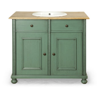 Zelená koupelnová skříňka s jasanovou deskou a umyvadlem
