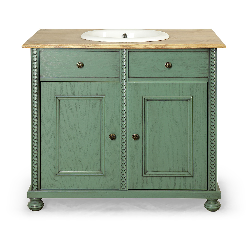 Zelená koupelnová skříňka s jasanovou deskou a umyvadlem