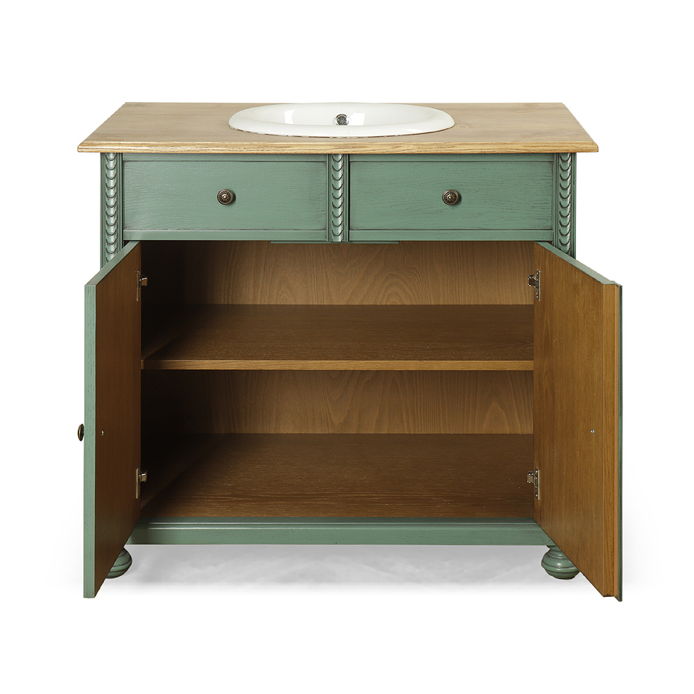 Zelená koupelnová skříňka s jasanovou deskou a umyvadlem