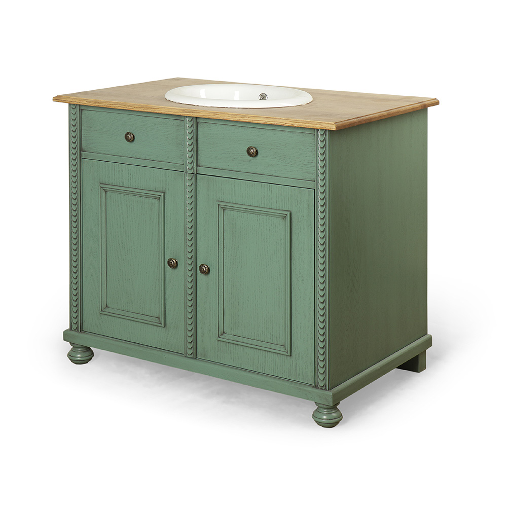 Zelená koupelnová skříňka s jasanovou deskou a umyvadlem